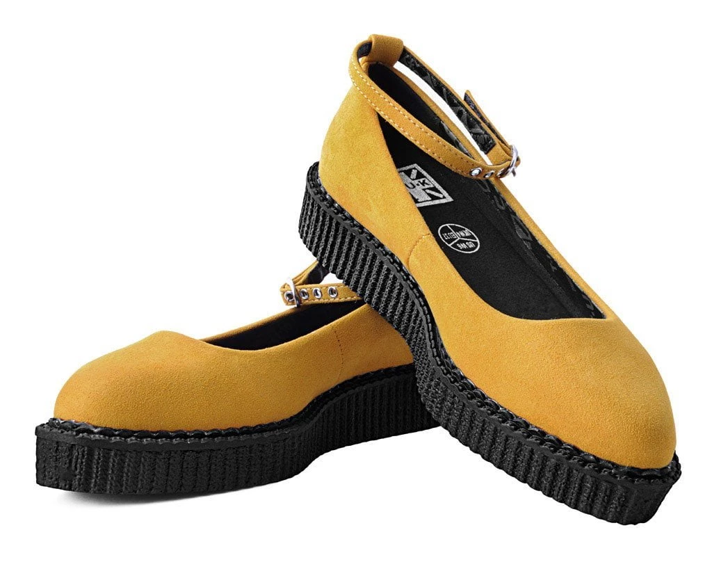 A9850L Women Mustard Faux Suede Pointed Ballet Ankle Strap Creeper
