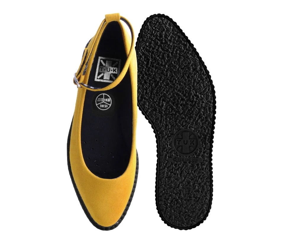 A9850L Women Mustard Faux Suede Pointed Ballet Ankle Strap Creeper
