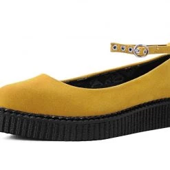 A9850L Women Mustard Faux Suede Pointed Ballet Ankle Strap Creeper