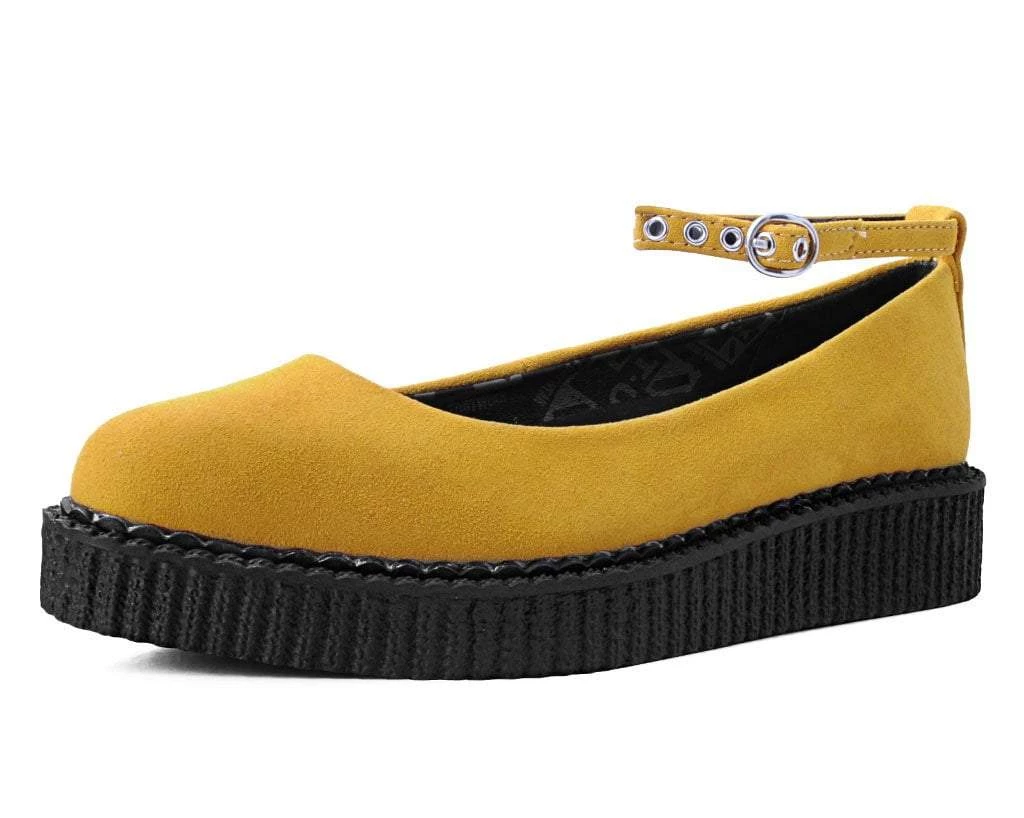 A9850L Women Mustard Faux Suede Pointed Ballet Ankle Strap Creeper