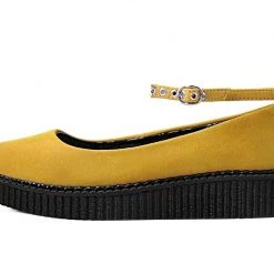 A9850L Women Mustard Faux Suede Pointed Ballet Ankle Strap Creeper