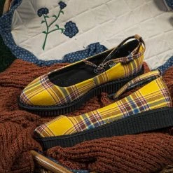 A9862L Yellow Plaid Pointed Ballet Creeper Women
