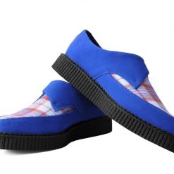 A9865 Blue Suede & Plaid Pointed Monk Buckle Creeper Women