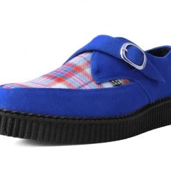 A9865 Blue Suede & Plaid Pointed Monk Buckle Creeper Women