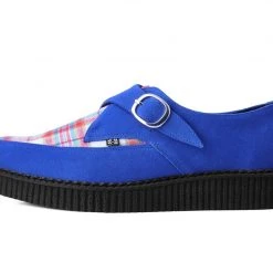 A9865 Blue Suede & Plaid Pointed Monk Buckle Creeper Women