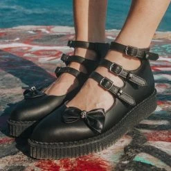 A9911L Black Tukskin™ 3-Strap Pointed Skull Bow Mary Jane