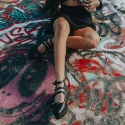 A9911L Black Tukskin™ 3-Strap Pointed Skull Bow Mary Jane