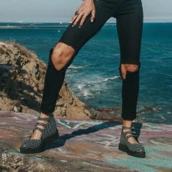 A9912L Black & White Polka Dot 3-Strap Pointed Mary Jane