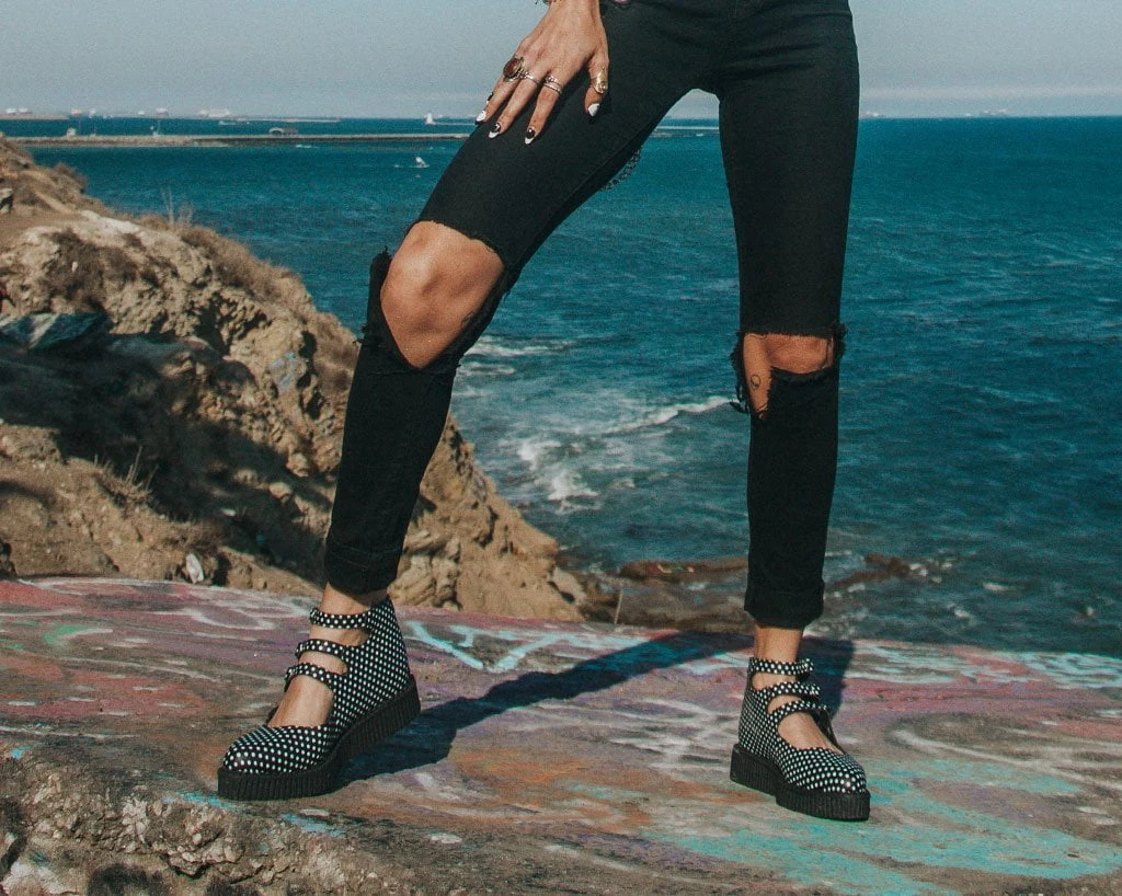 A9912L Black & White Polka Dot 3-Strap Pointed Mary Jane