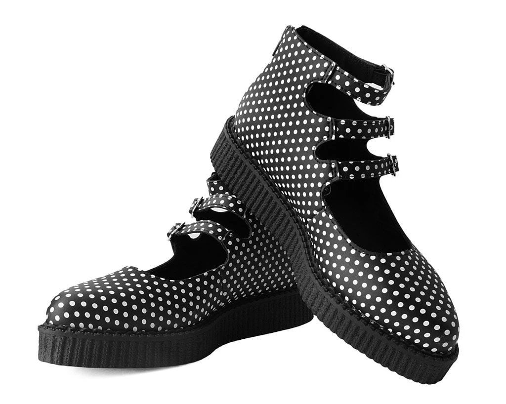 A9912L Black & White Polka Dot 3-Strap Pointed Mary Jane