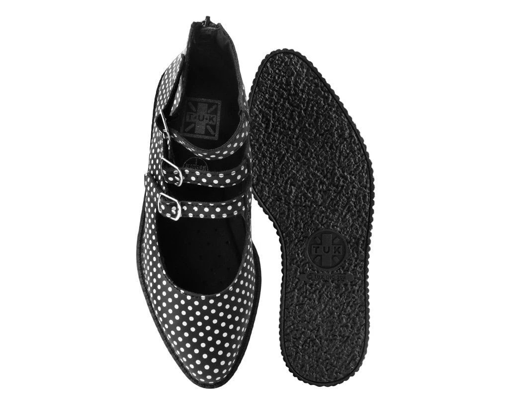 A9912L Black & White Polka Dot 3-Strap Pointed Mary Jane