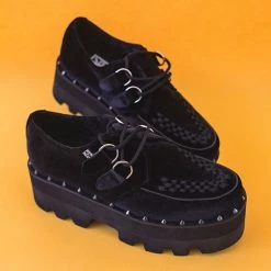 A9915 Women Black Velvet Studded Dino Lug Sole Creeper