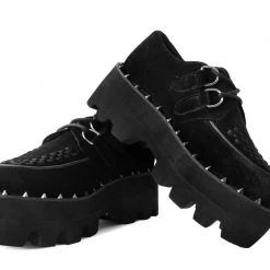 A9915 Women Black Velvet Studded Dino Lug Sole Creeper