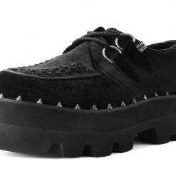 A9915 Women Black Velvet Studded Dino Lug Sole Creeper