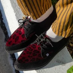 A9933 Black Suede & Red Leopard Hair Pointed Creeper Women