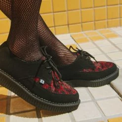 A9933 Black Suede & Red Leopard Hair Pointed Creeper Women
