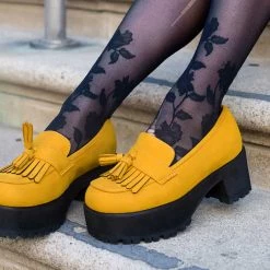 A9939L Mustard Faux Suede Fringe Loafer Platform