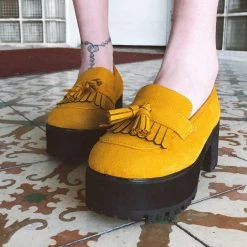 A9939L Mustard Faux Suede Fringe Loafer Platform