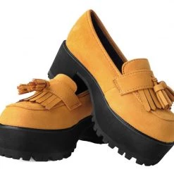 A9939L Mustard Faux Suede Fringe Loafer Platform