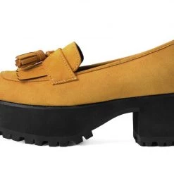 A9939L Mustard Faux Suede Fringe Loafer Platform