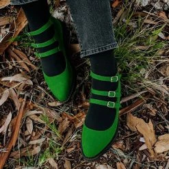 A9943L Women Jade Green Faux Suede 3-Strap Pointed Mary Jane