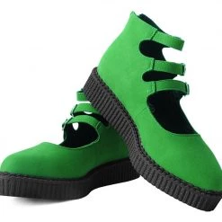 A9943L Women Jade Green Faux Suede 3-Strap Pointed Mary Jane