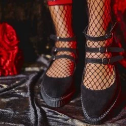 A9984L Women Black Faux Suede 3-Strap Pointed Mary Jane