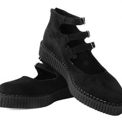 A9984L Women Black Faux Suede 3-Strap Pointed Mary Jane