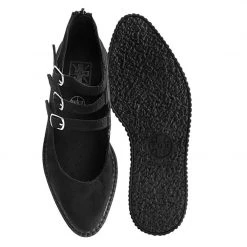 A9984L Women Black Faux Suede 3-Strap Pointed Mary Jane