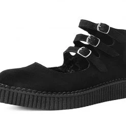 A9984L Women Black Faux Suede 3-Strap Pointed Mary Jane