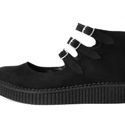 A9984L Women Black Faux Suede 3-Strap Pointed Mary Jane