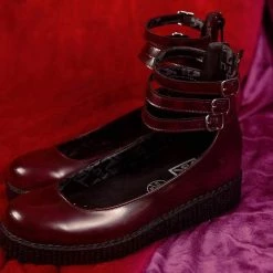 F9910L Women Burgundy Rub-Off 3-Strap Mary Jane