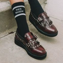 F9930 Burgundy Rub Off Studded Loafer Women