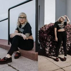 A9592 Black & Burgundy Suede Pointed Buckle Creeper Women