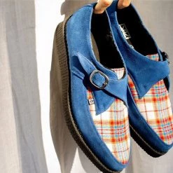 A9865 Blue Suede & Plaid Pointed Monk Buckle Creeper Women