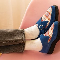 A9865 Blue Suede & Plaid Pointed Monk Buckle Creeper Women