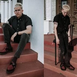 A9592 Black & Burgundy Suede Pointed Buckle Creeper Women