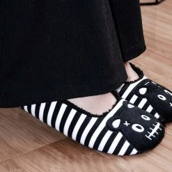 SL06 Women Black & White Striped Punk Panda Slipper