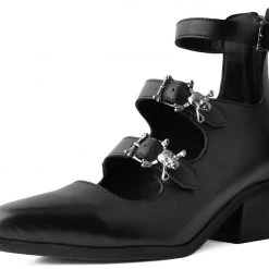 T2299L Black 3-Buckle Skull Anarchic Pointed Heel