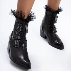 T2301L Black Victorian Anarchic 6-Buckle Pointed Boot