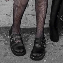 T2307 Anarchic Black TUKskin™ 2-Skull Buckle Mary Jane