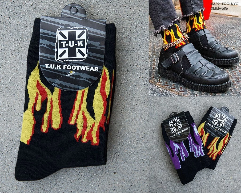 TSK1062 Black Red & Yellow Flame Socks Vegan