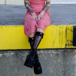 TSK1068 Black Strawberry Lace Kneehigh Women