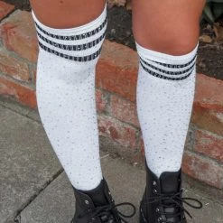 TSK1124 Black & White Varsity Rhinestone Over-The-Knee Sock Women