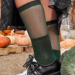 TSK1131 Green Ribbed Glitter Sock Women
