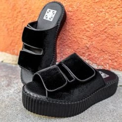 V3028L Black Velvet 2-Strap Slide Sandal Women