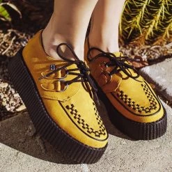 V9851 Mustard Faux Suede D-Ring Interlace Viva High Creeper Women
