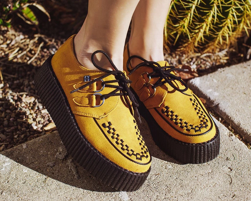 V9851 Mustard Faux Suede D-Ring Interlace Viva High Creeper Women