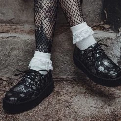 V9923 Black & Silver Rose Print D-Ring Mondo Creeper Women