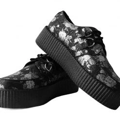 V9923 Black & Silver Rose Print D-Ring Mondo Creeper Women